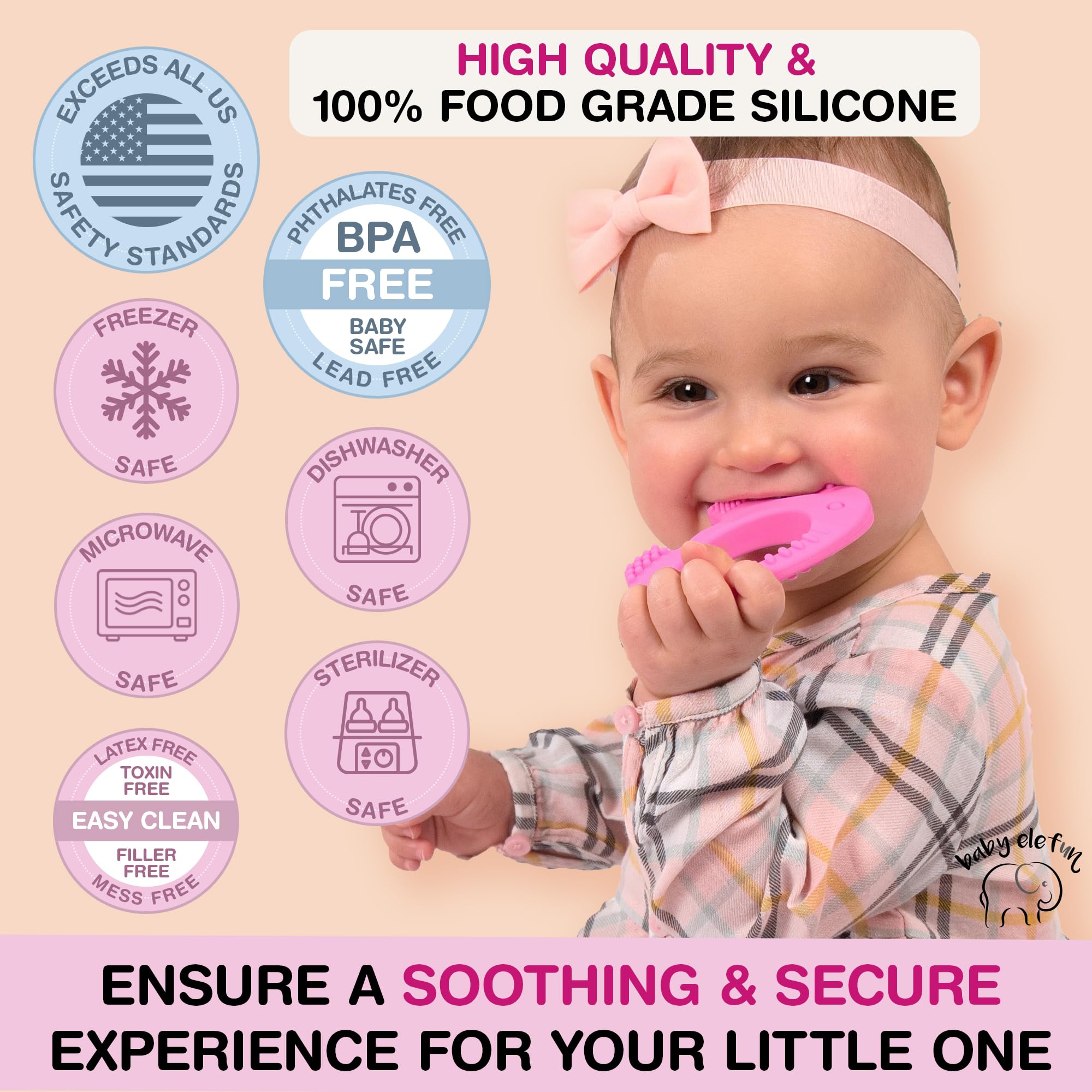 Baby Elefun teether freezer-safe for cooling gums and comforting relief.