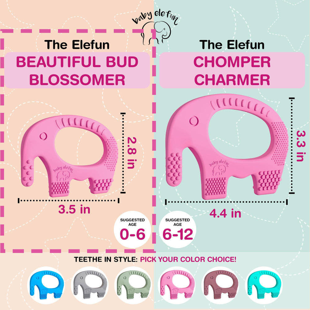 Baby Elefun teether microwave-safe for warm soothing therapy sessions.