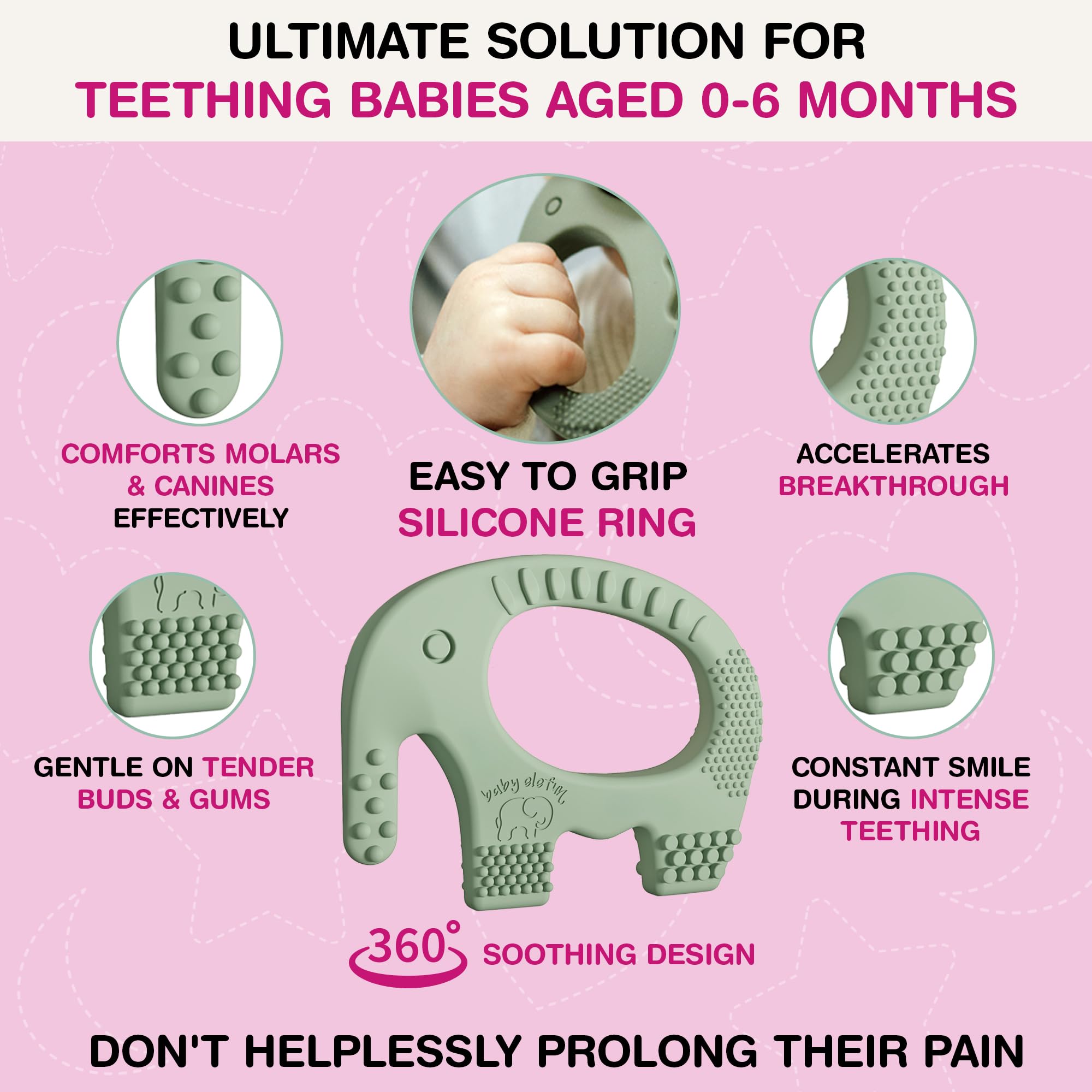 Baby Elefun teether olive portable design is ideal for travel-friendly teething.
