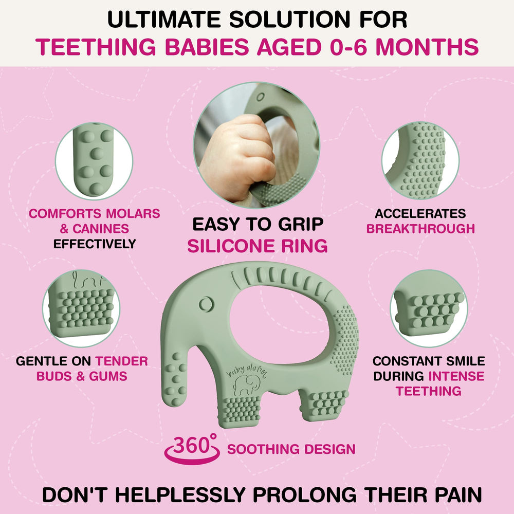 Baby Elefun teether olive portable design is ideal for travel-friendly teething.