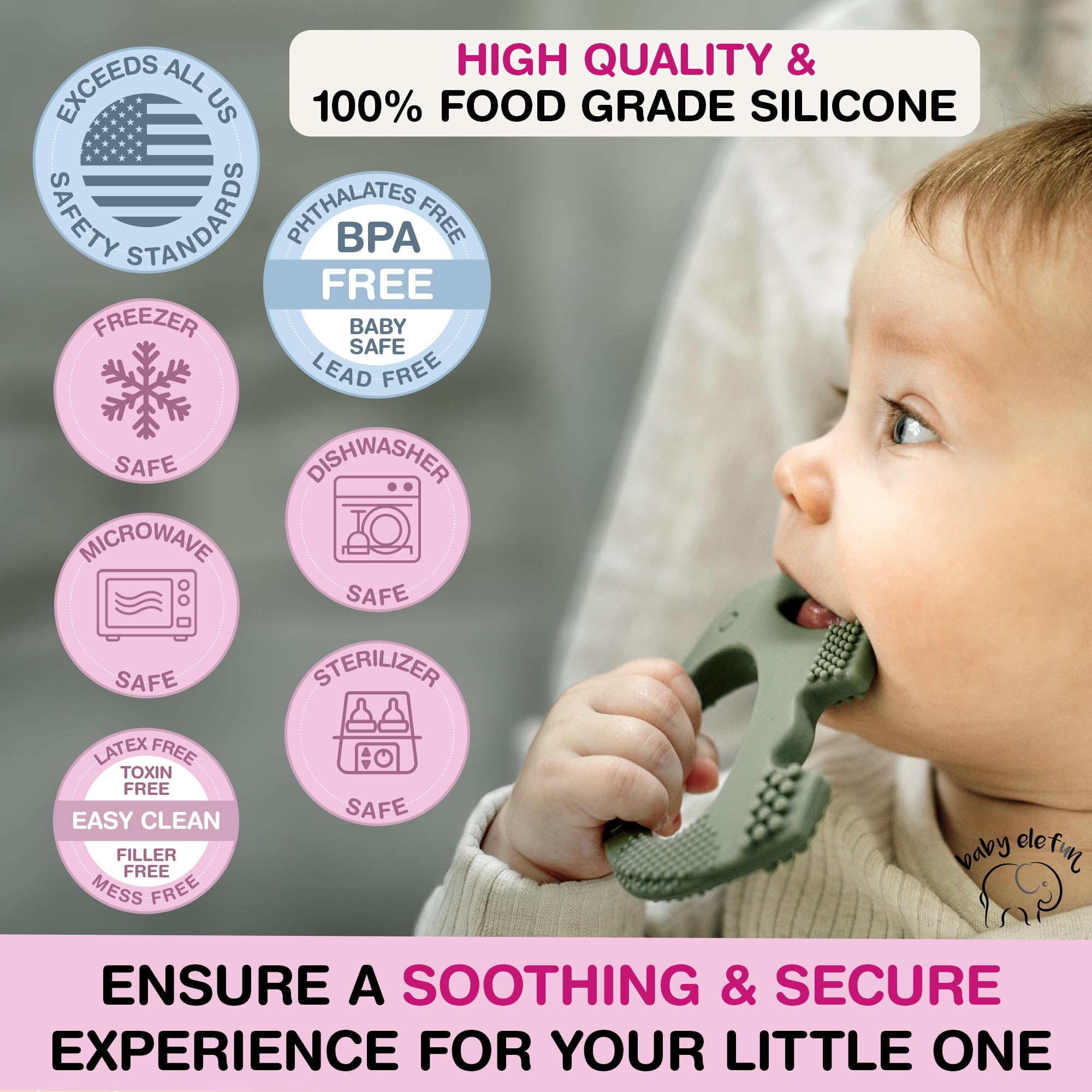 Baby Elefun teether olive cooling-use for swollen gums and quick relief.