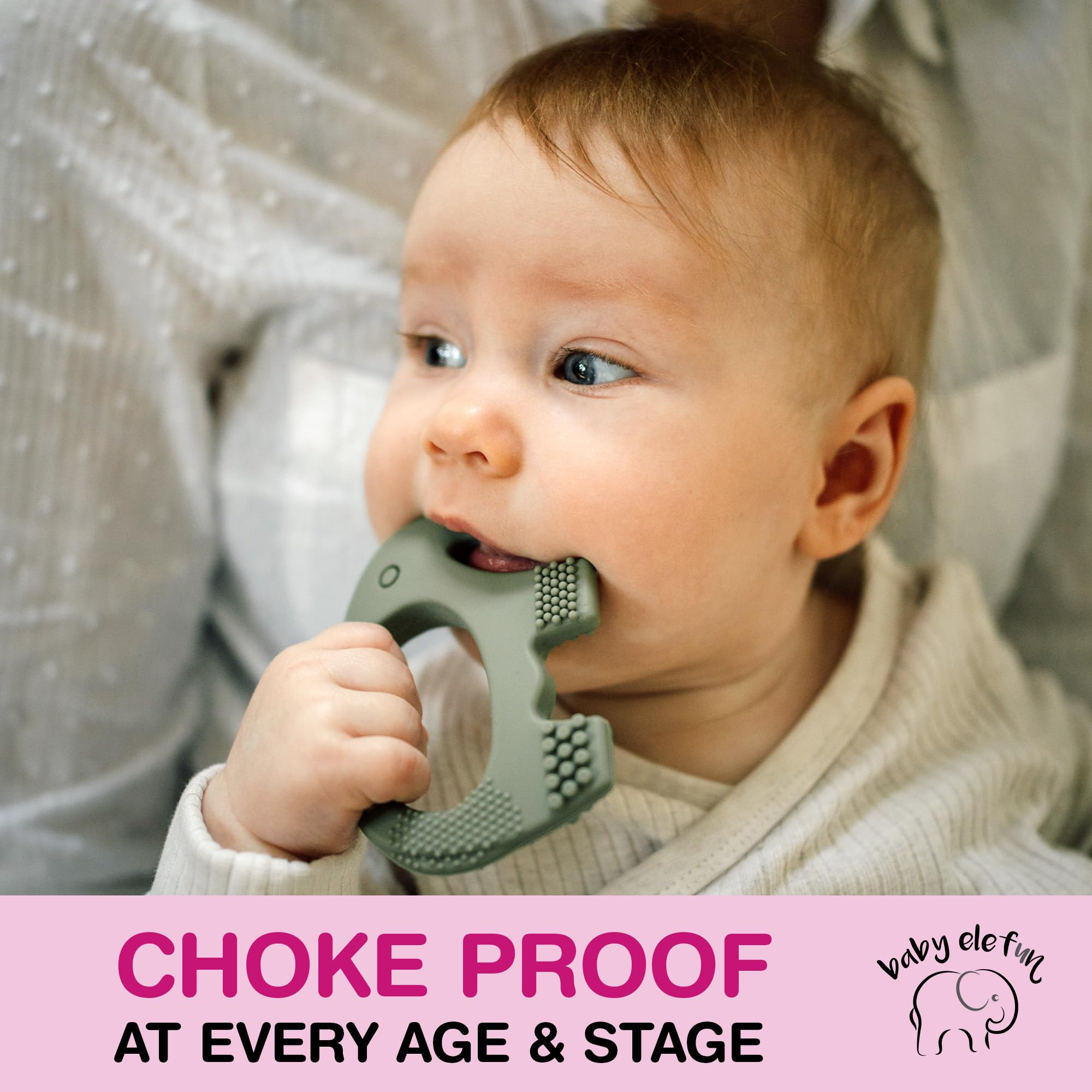 Baby Elefun teether olive compact design fits in a diaper bag for travel.