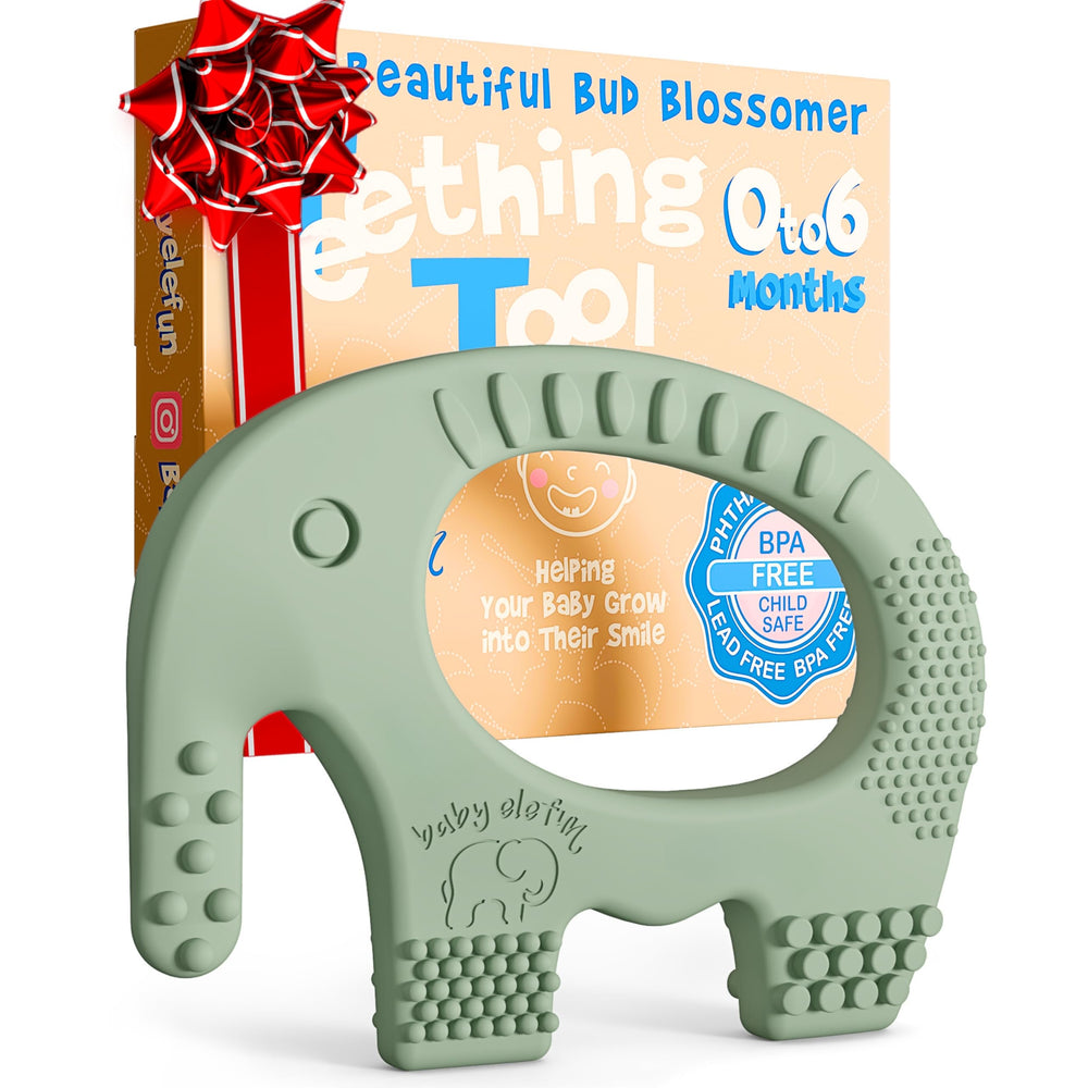 Baby Elefun teether olive front-view promotes easy grasp and on-the-go soothing.