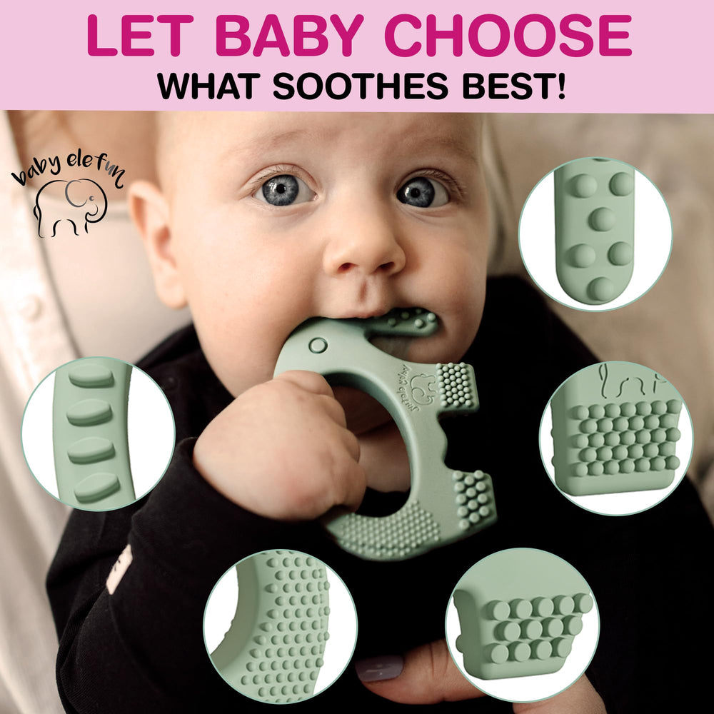Baby Elefun teether olive in-hand use supports bilateral coordination during play.