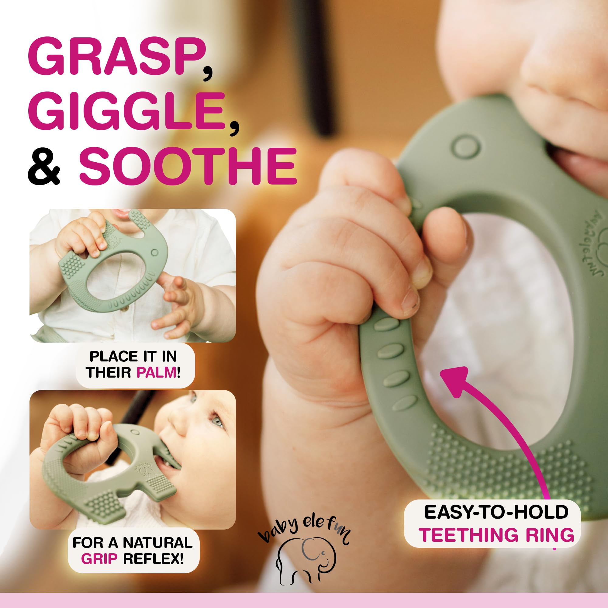 Baby Elefun teether olive safe-materials and easy cleaning for busy families.