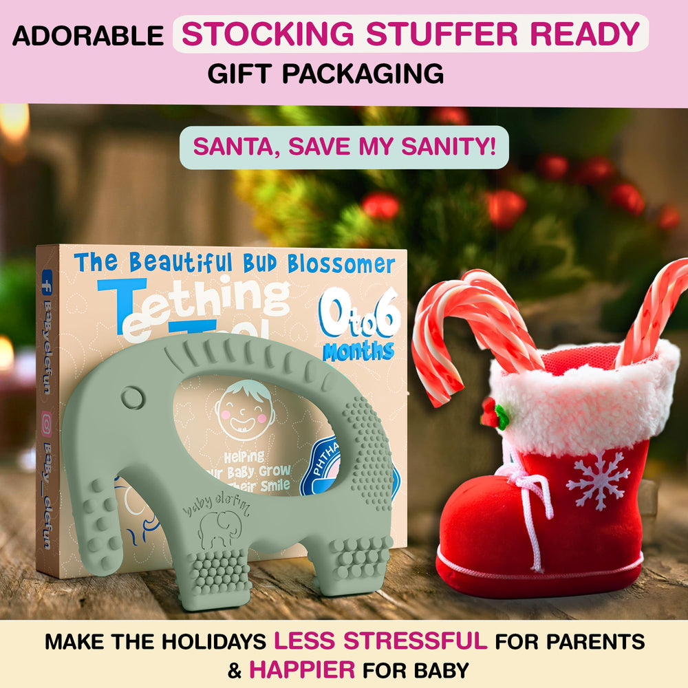 Baby Elefun teether olive textured-nubs enables customized gum massage for comfort.