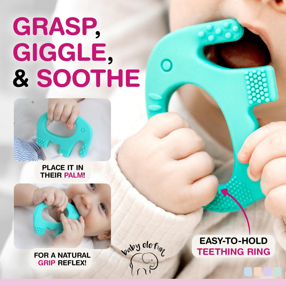 Baby Elefun pink teether featuring a baby-friendly color for engaging teething moments.