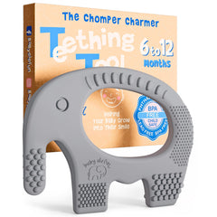 Baby Elefun teether texture-nubs close-up shows varied gum massage options