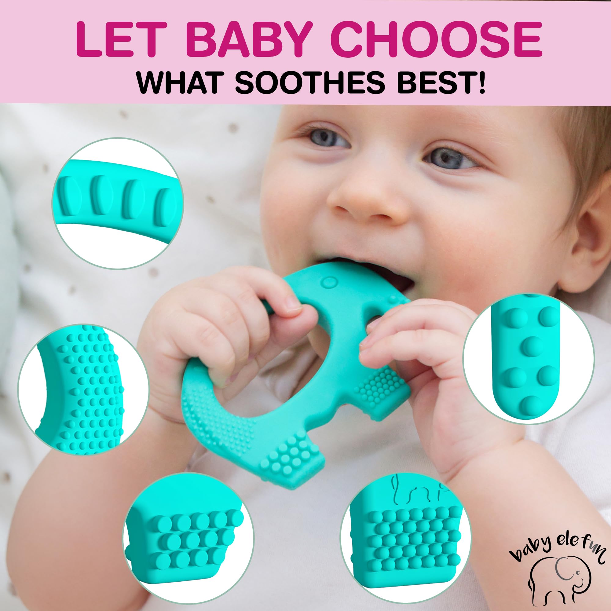 Baby Elefun textured-nubs provide varied gum massage points