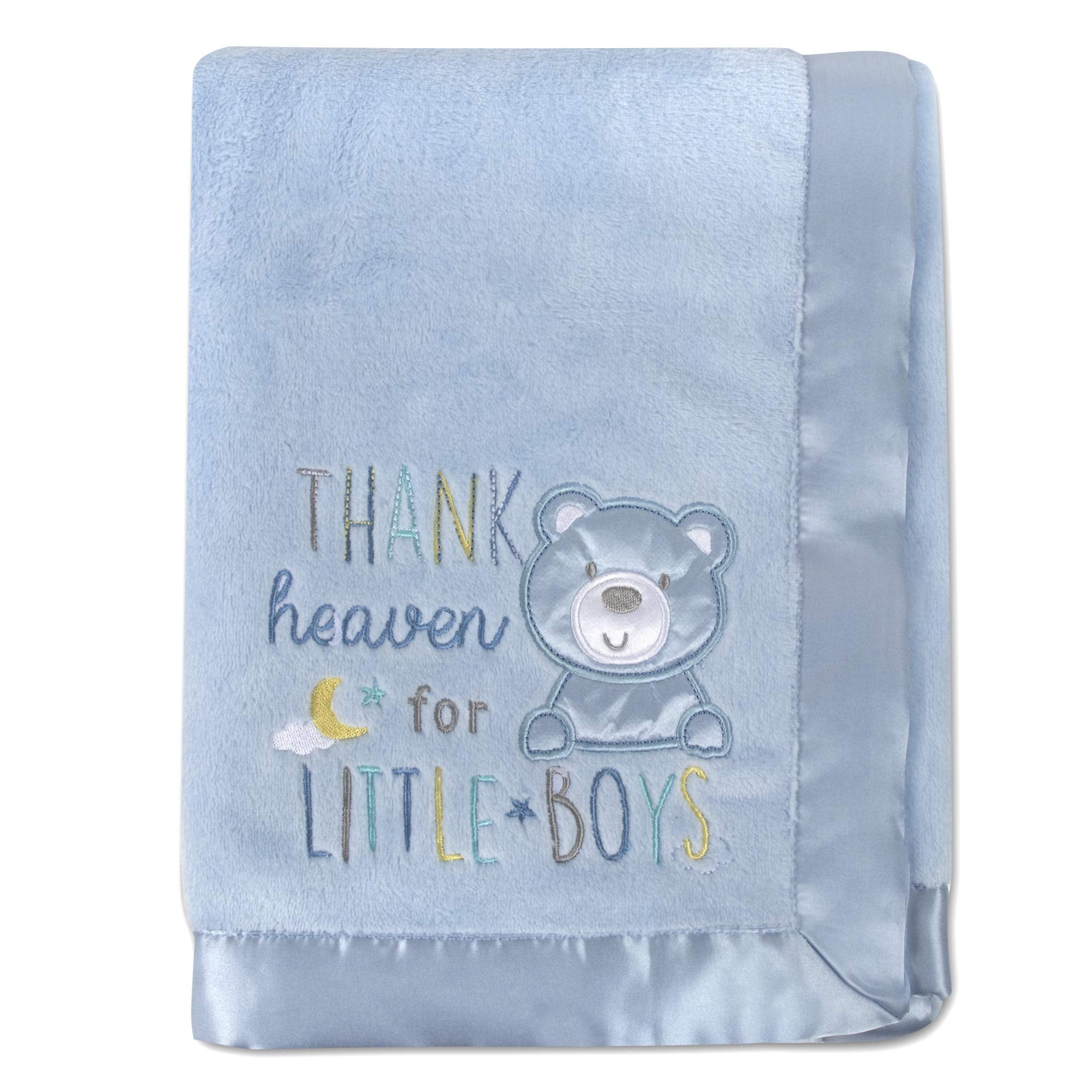 Baby Essentials blue crib blanket embroidered bear design adds playful charm for bedtime