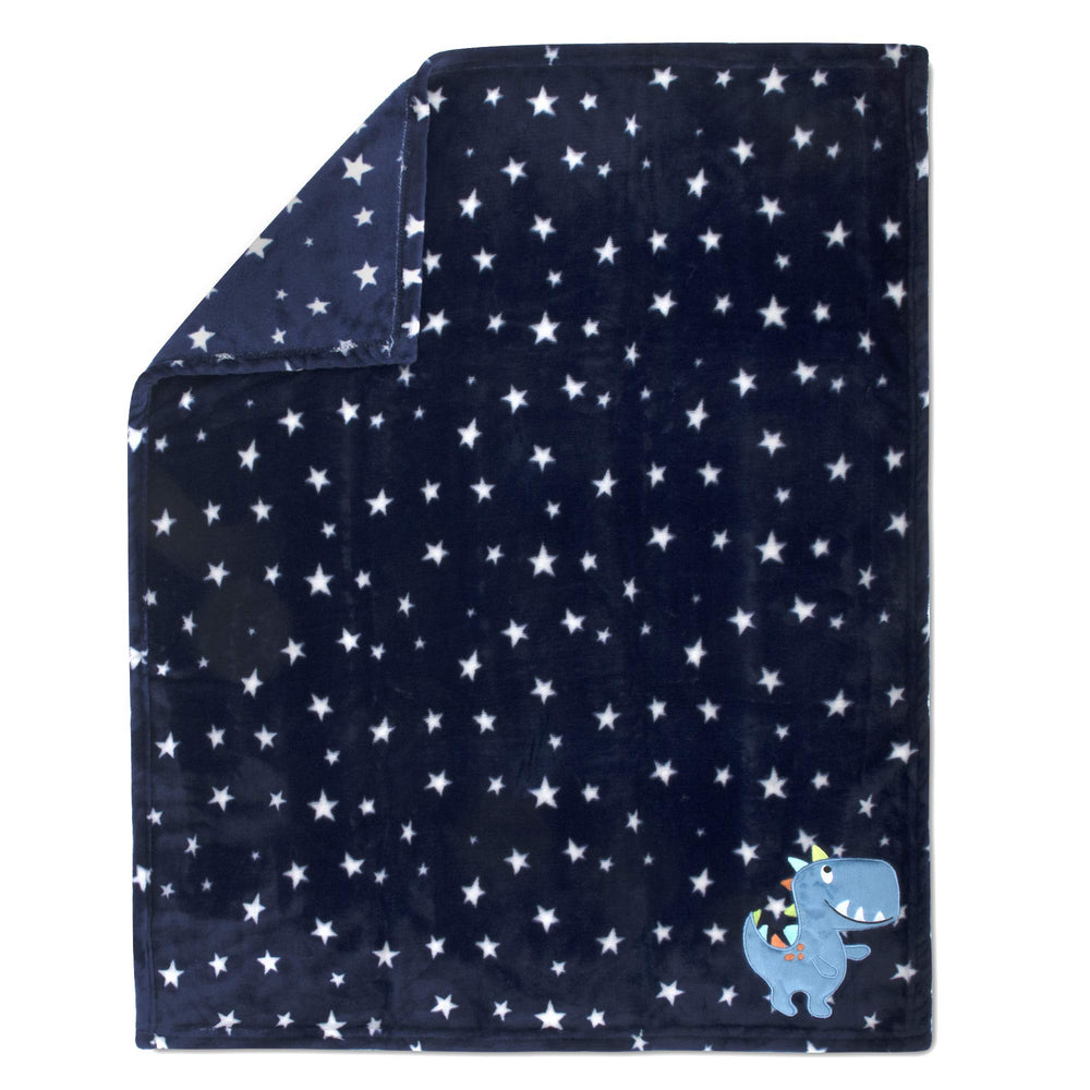 Baby Essentials blue dino blanket crinkle sound supports sensory play.