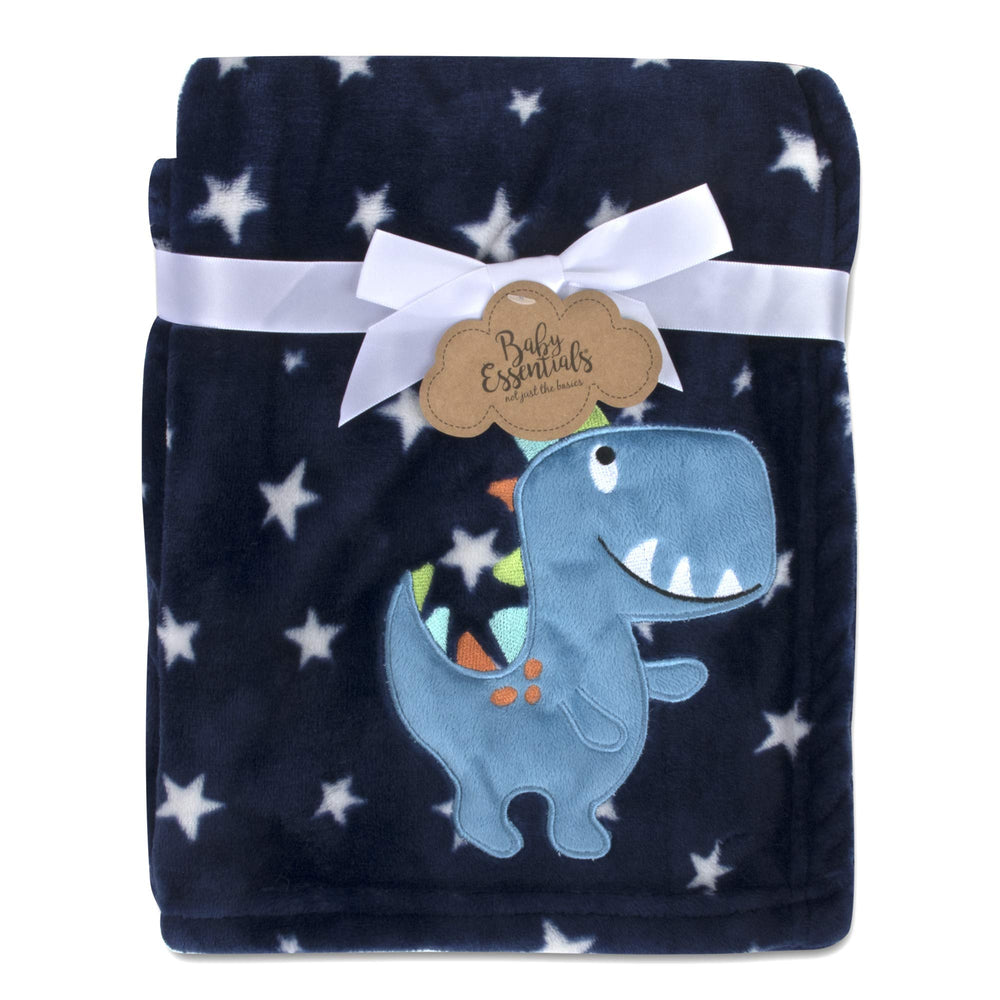 Baby Essentials blue dino blanket soft fleece for cozy snuggles.