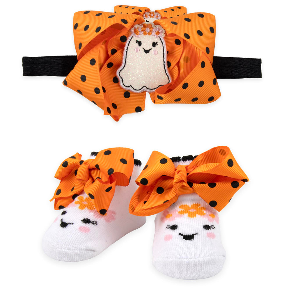 BOOtiul headband with bow on baby; festive Halloween style