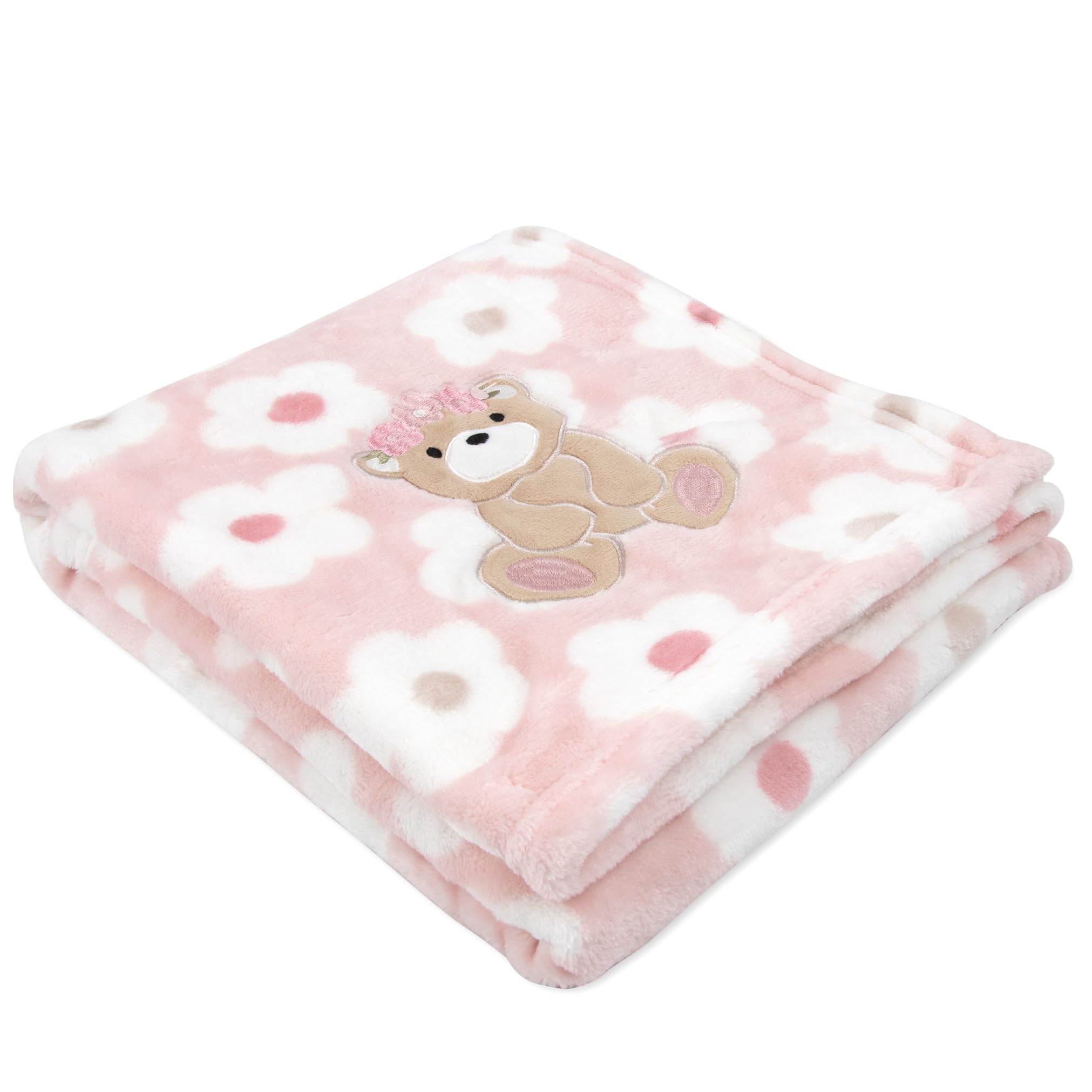 Baby Essentials closeup of embroidered character on soft fleece blanket for newborn comfort.