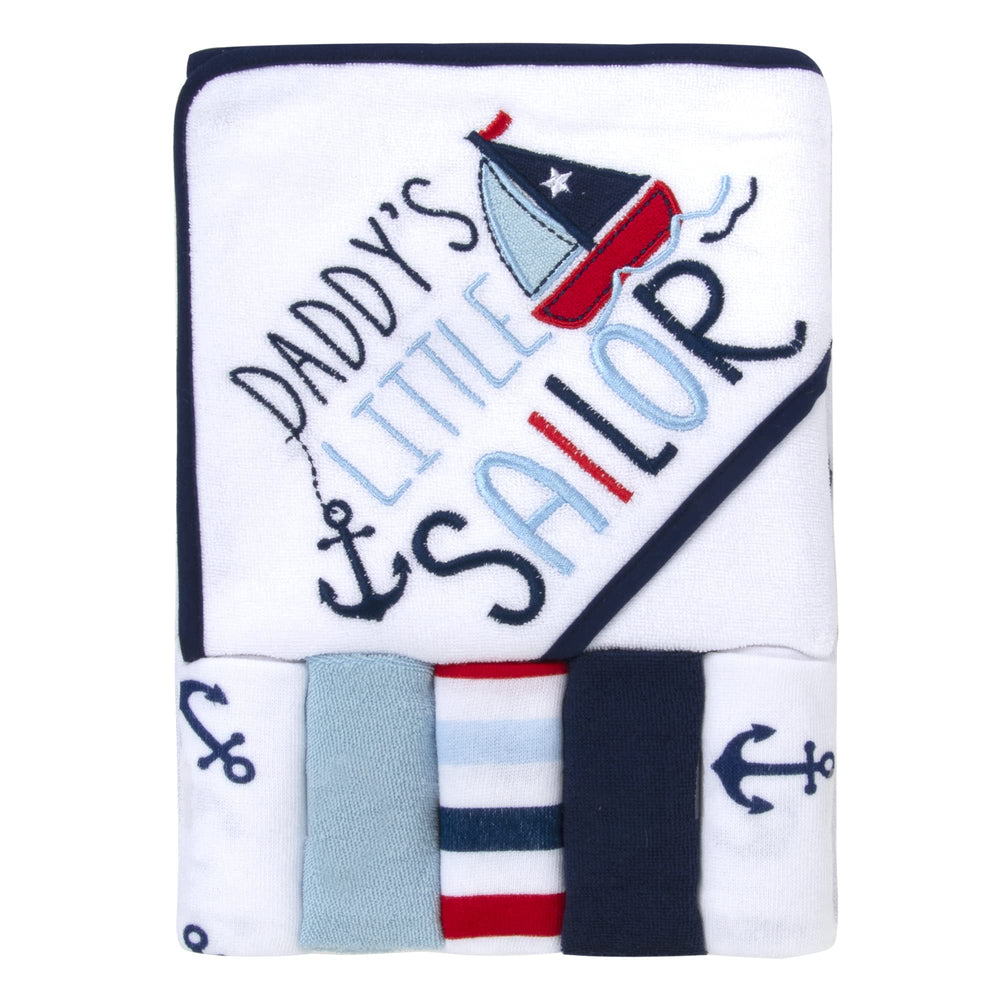 Baby Essentials Daddy's Sailor hooded towel closeup: soft cotton absorbency after bath time
