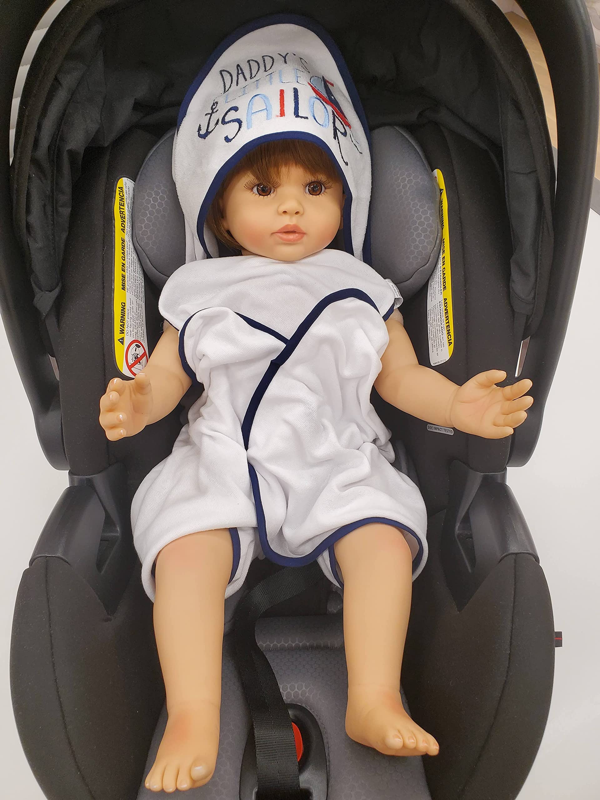 Baby Essentials Daddy's Sailor hooded towel on baby: cozy drying and warmth