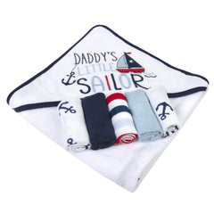 Baby Essentials Daddy's Sailor towel on baby during drying: easy moisture removal