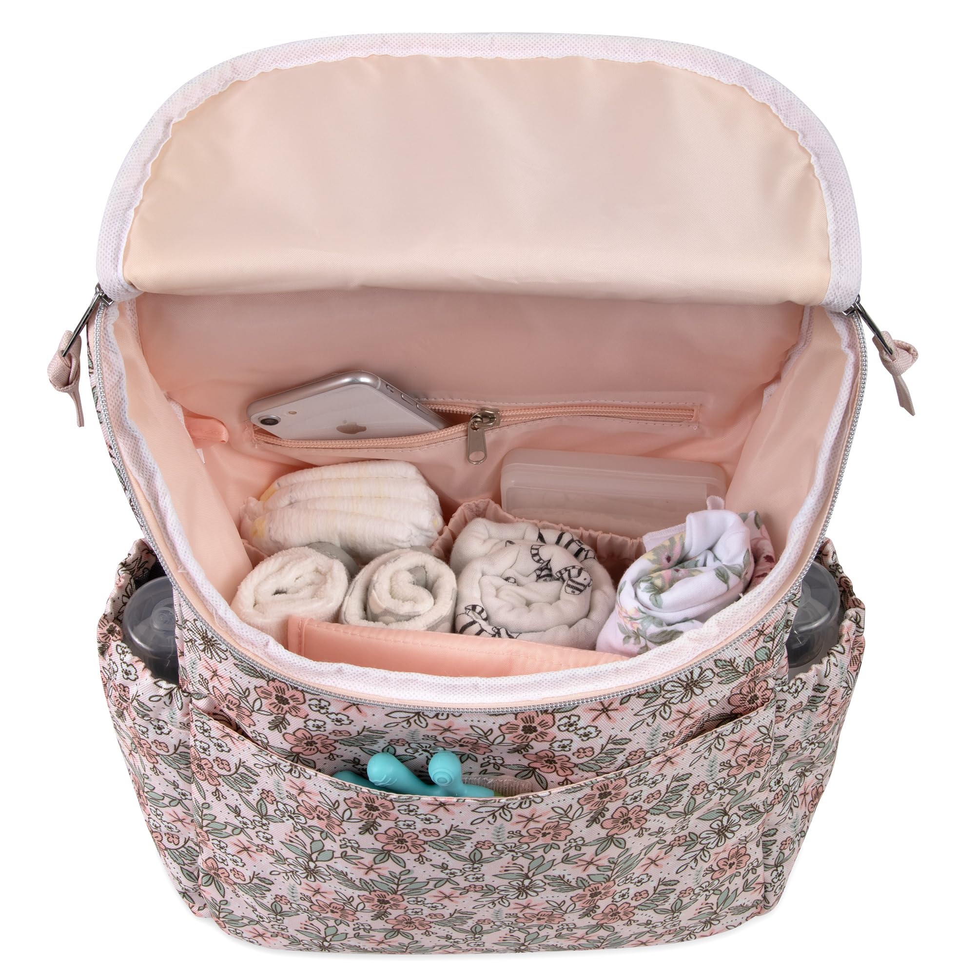 Baby Essentials diaper backpack with padded handle and adjustable straps for easy carry.