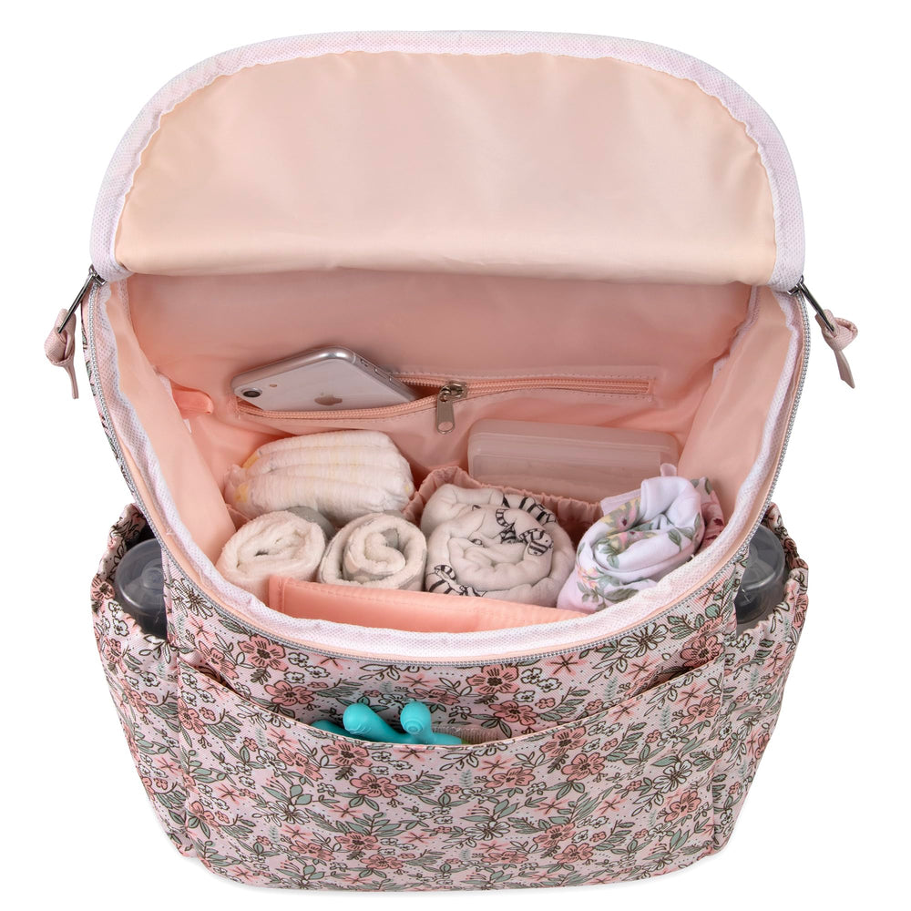 Baby Essentials diaper backpack with padded handle and adjustable straps for easy carry.