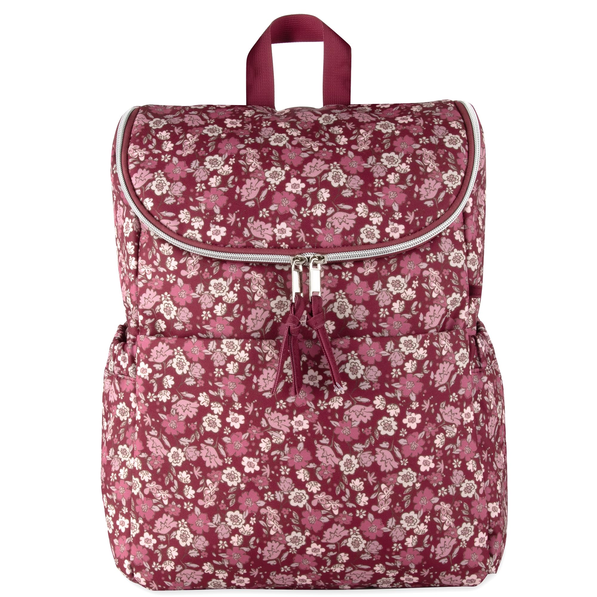 Baby Essentials diaper backpack on stroller demonstrates secure straps for hands-free travel.