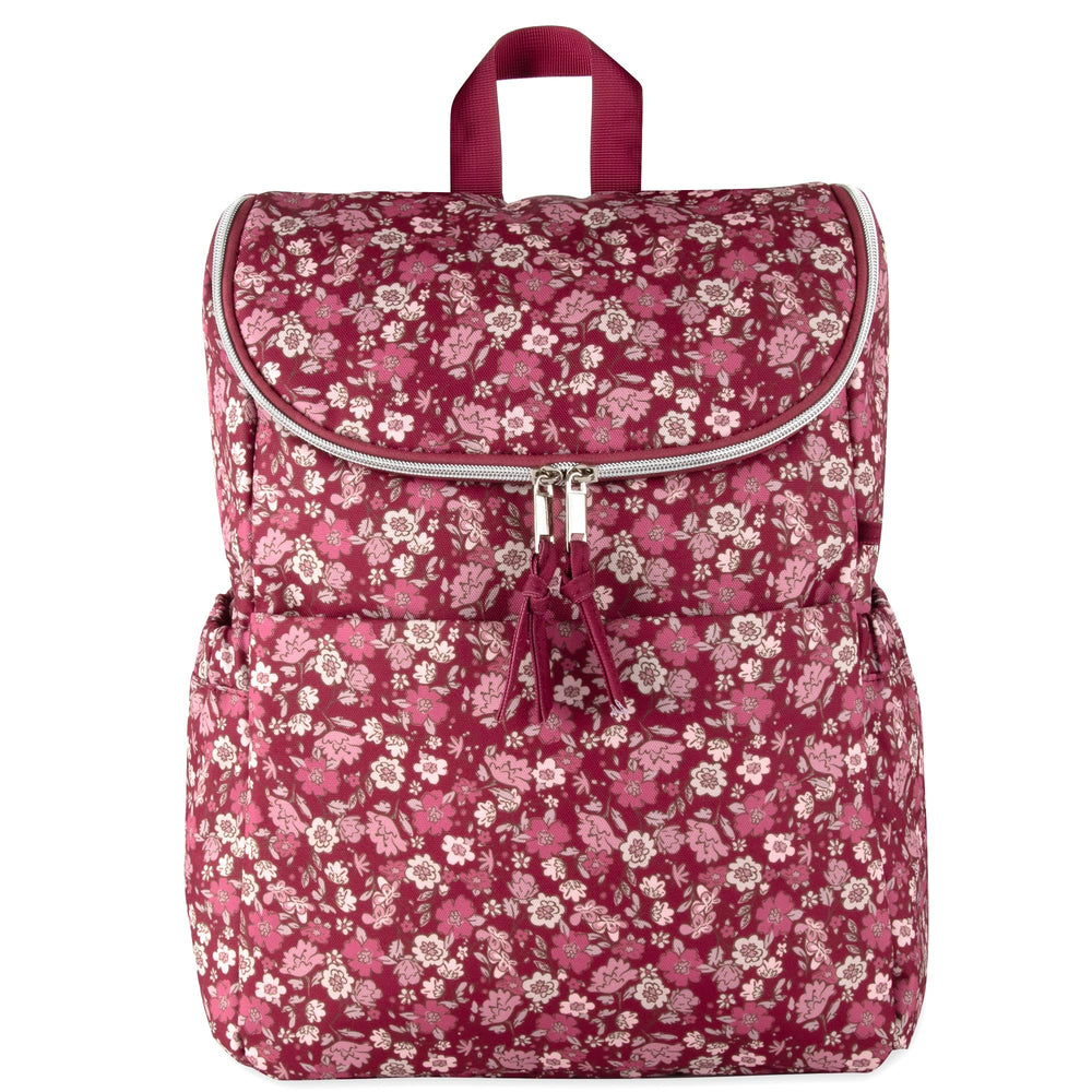 Baby Essentials diaper backpack on stroller demonstrates secure straps for hands-free travel.