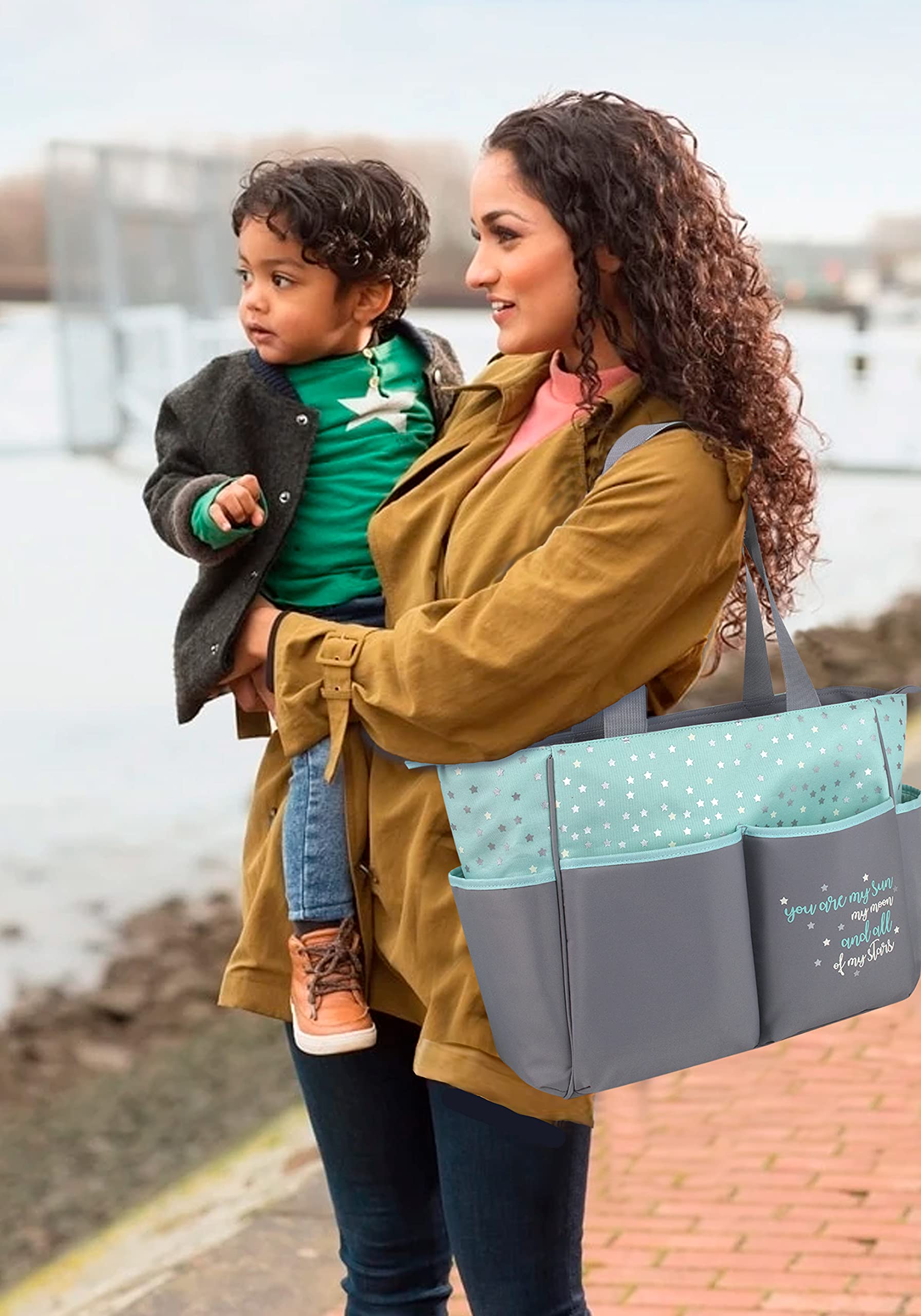 Baby Essentials grey aqua tote designed for durable everyday use and easy care.