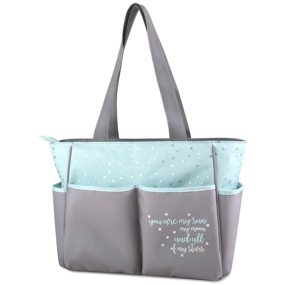 Baby Essentials diaper bag tote dimensions 12x14x5.5 inches illustrating ample space.