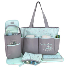 Baby Essentials diaper bag tote exterior pockets showing quick-access organization for toys, keys, and phone.
