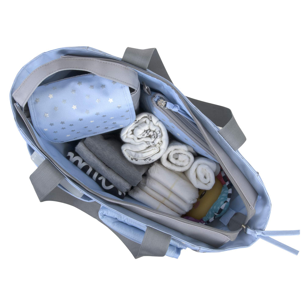 Baby Essentials diaper bag tote with exterior five pockets for one-handed access.