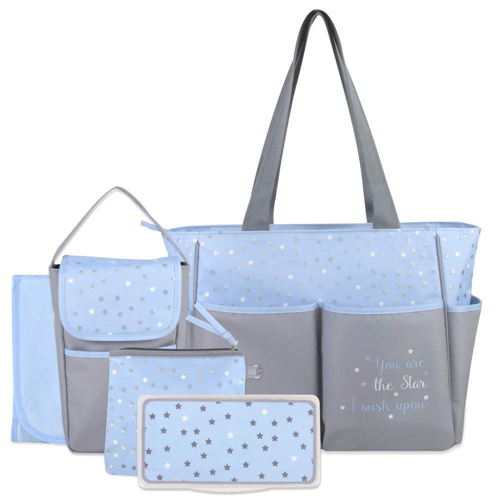 Baby Essentials diaper bag tote full view in grey/blue for stylish on-the-go organization.