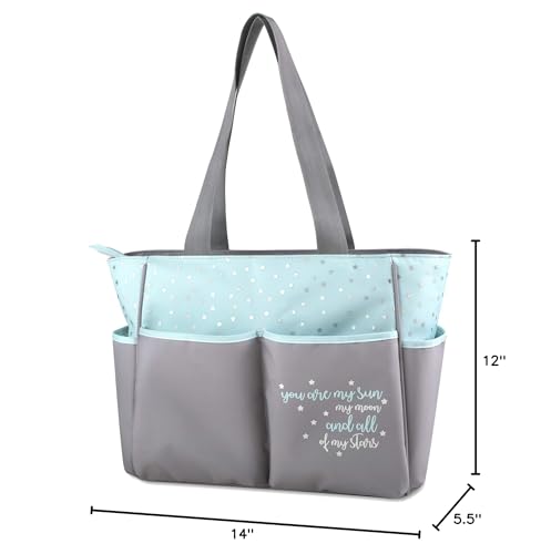 Baby Essentials sun-moon-stars tote shown during daily outings and diaper changes.