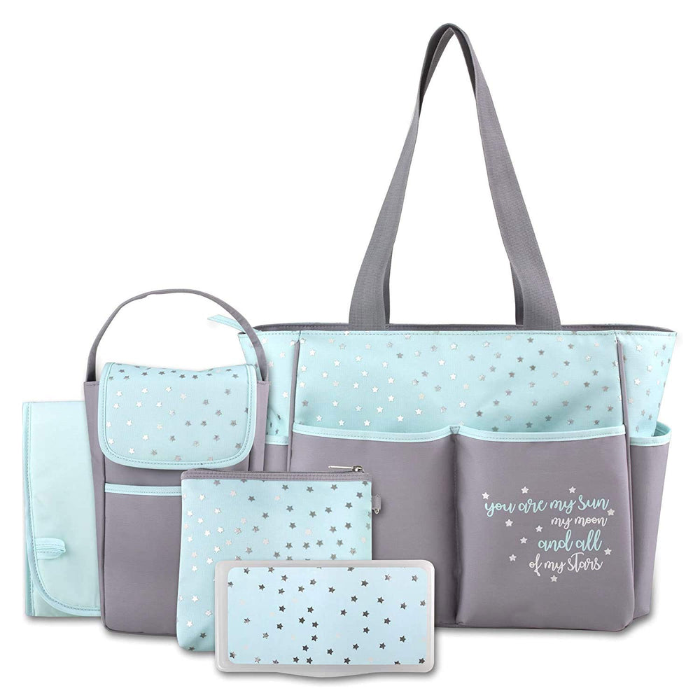 Baby Essentials diaper bag tote sun-moon-stars design in grey aqua for stylish on-the-go organization.