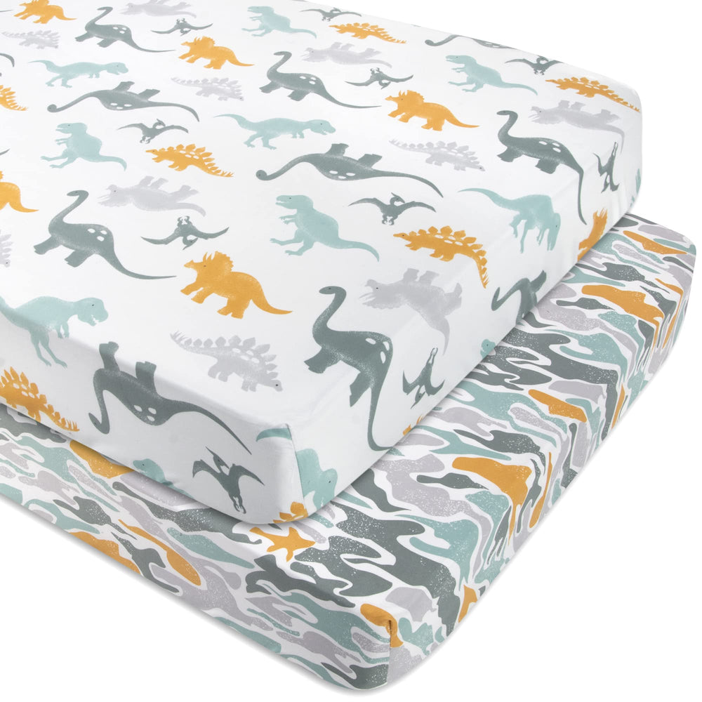 Baby Essentials dinos-pattern crib sheet fits snugly on a standard 28x52 crib.