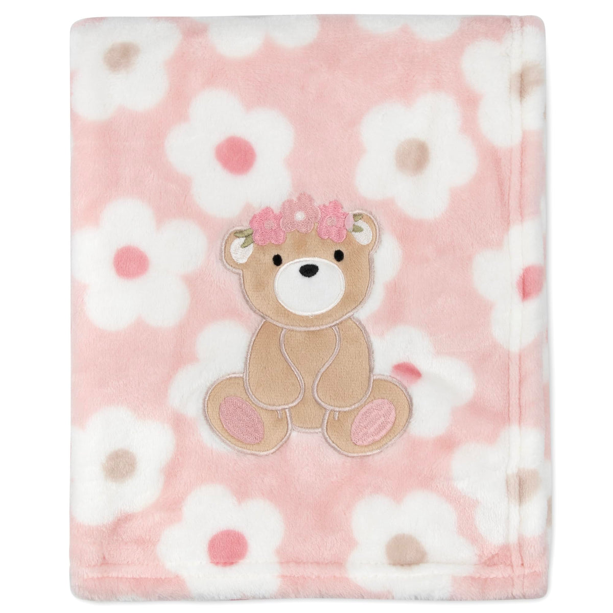 Baby Essentials floral bear blanket with embroidered design for soothing sleep.