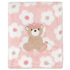 Baby Essentials floral bear blanket with embroidered design for soothing sleep.