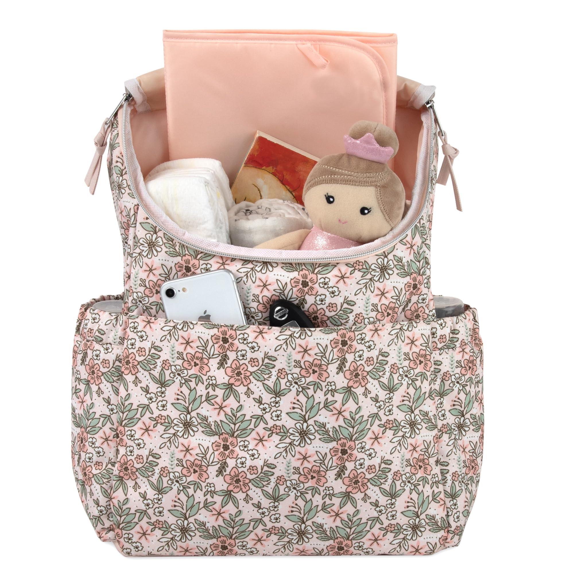 Baby Essentials flower diaper bag with stroller straps clips to prams for hands-free travel.