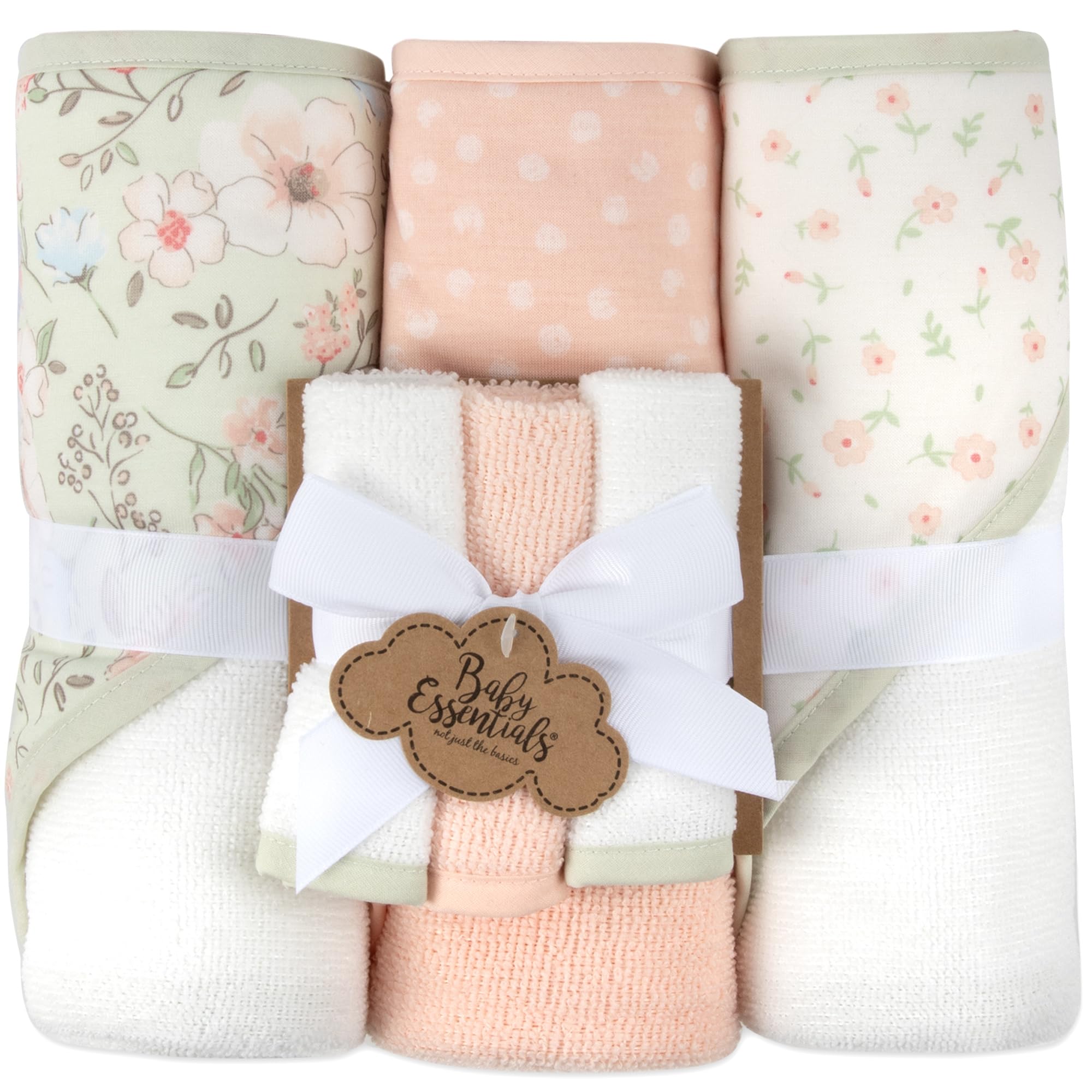 Baby Essentials hooded towel floral pink close-up shows plush terry for cozy drying
