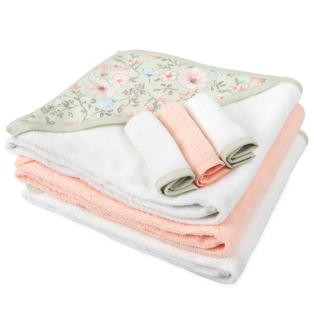 Baby Essentials hooded towel and washcloth layout reveals coordinated colors and 3+3 pieces
