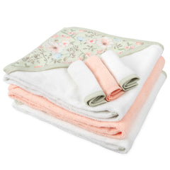 Baby Essentials hooded towel and washcloth layout reveals coordinated colors and 3+3 pieces
