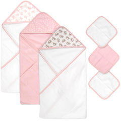 Baby Essentials hooded towel by the pool for quick drying and sun protection