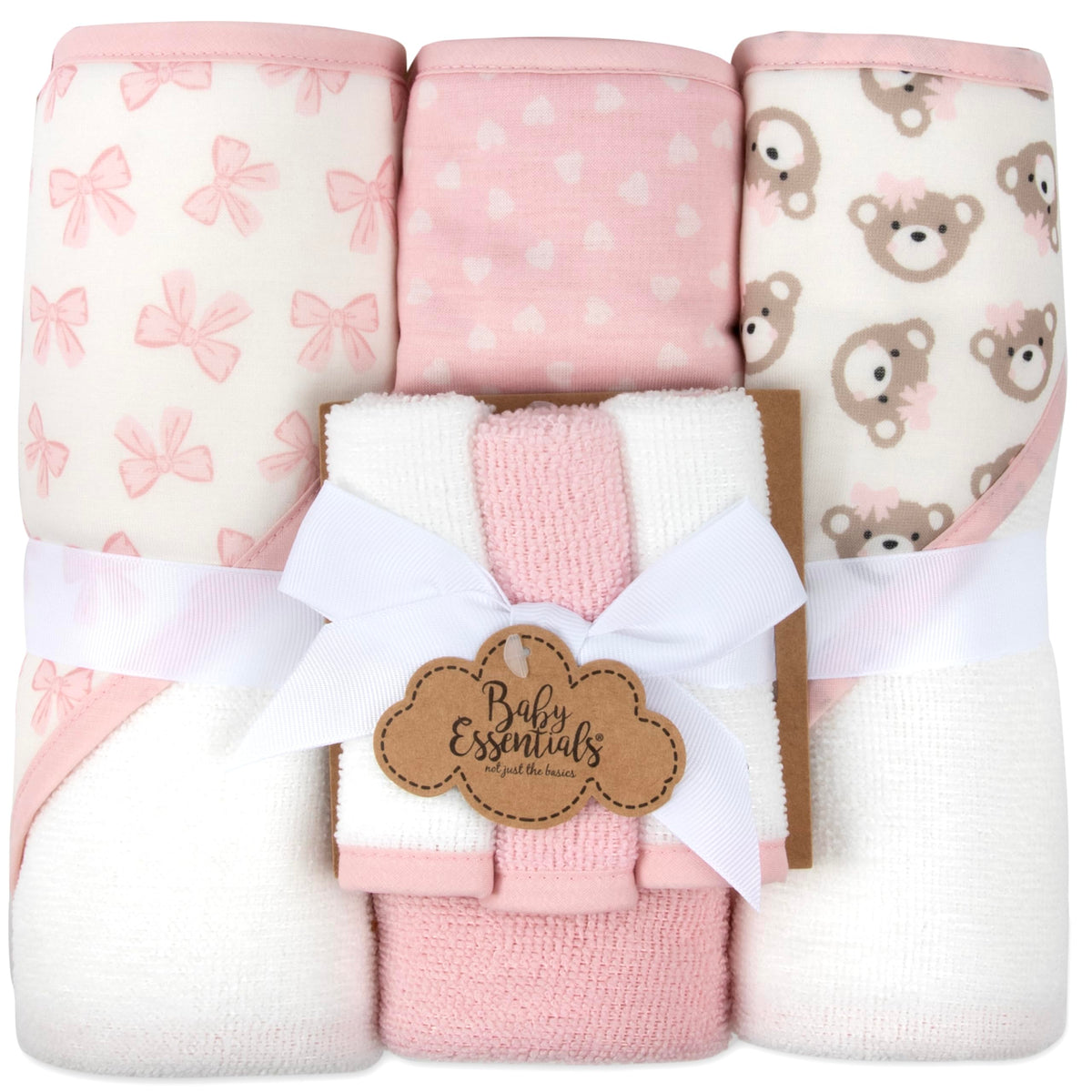 Baby Essentials hooded towel with pink bows and teddy bears dries baby after bath