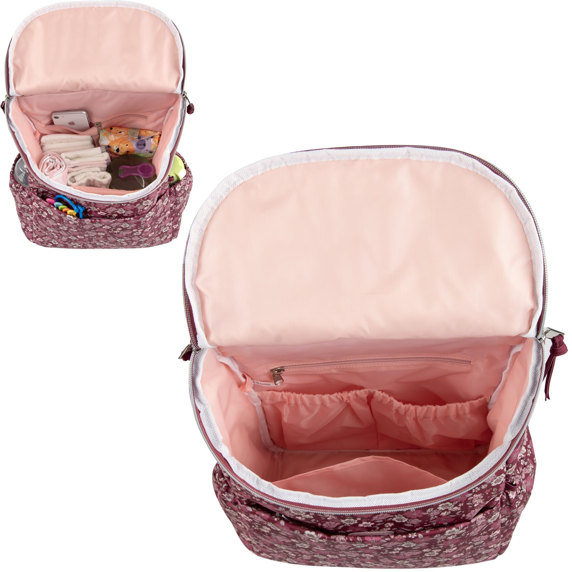 Baby Essentials large diaper compartment showcases spacious capacity for diapers and outfits.