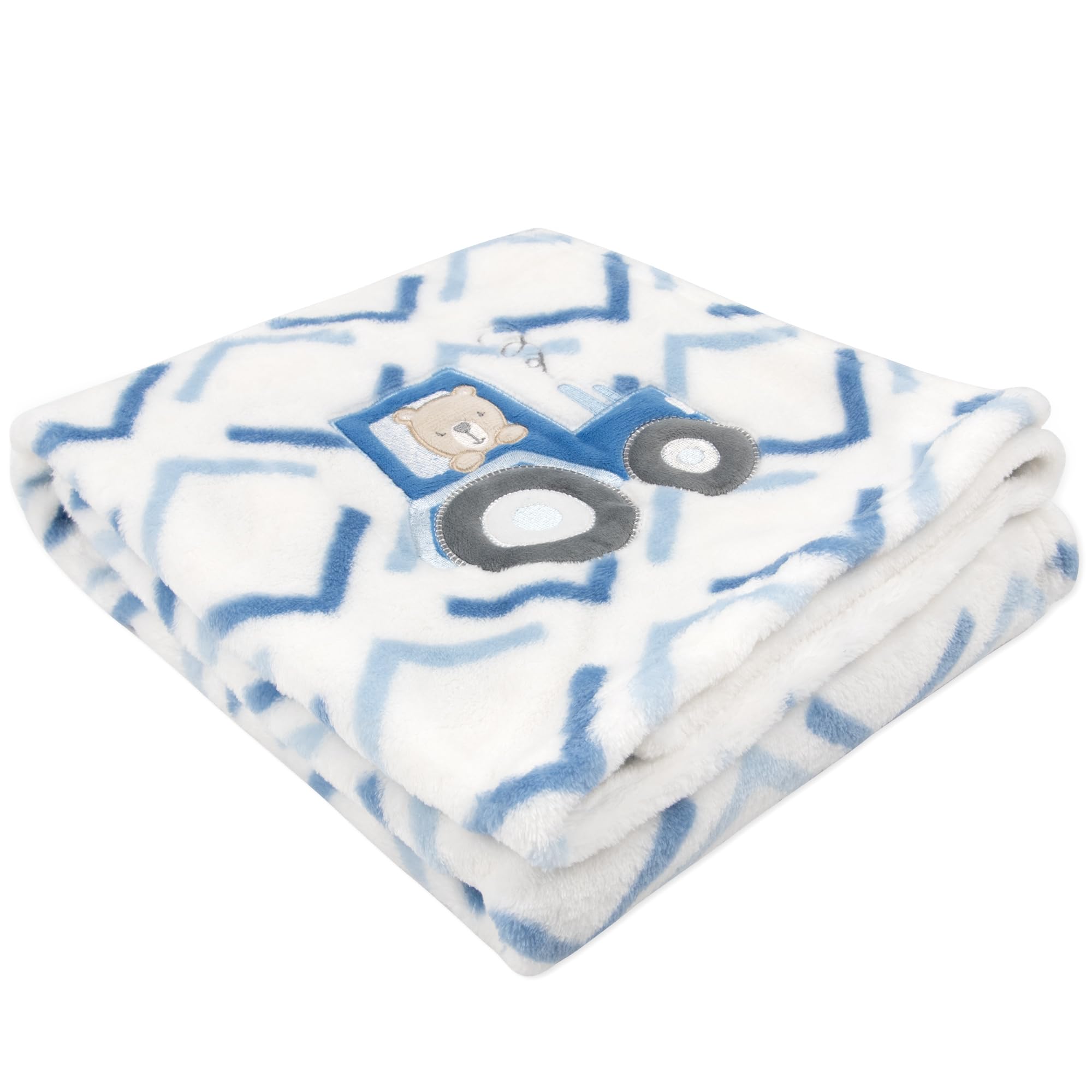 Baby Essentials Lion Tractor Stripe blanket with embroidery for cute security-style cuddle.