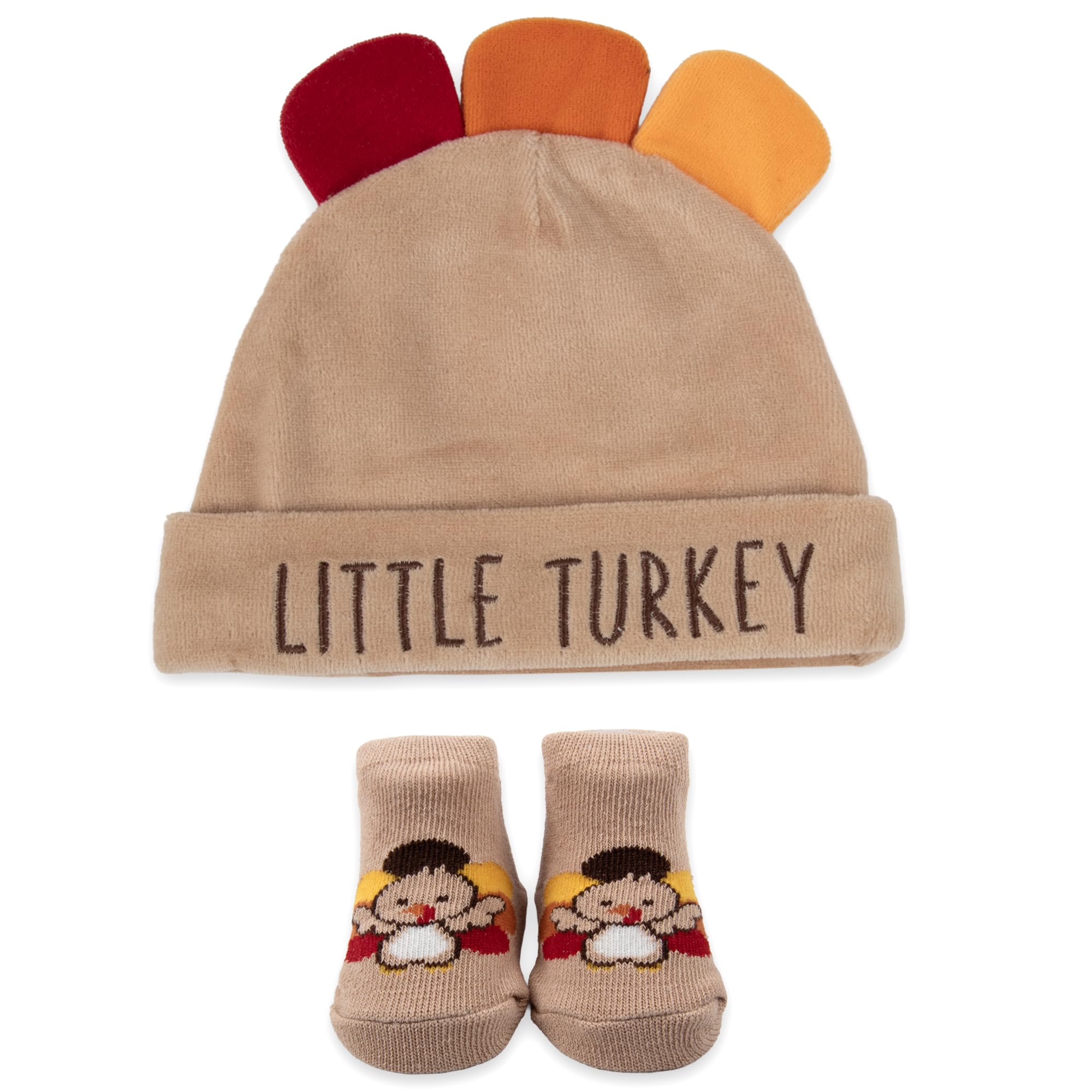 Baby Essentials Little Turkey hat offers cozy warmth for Thanksgiving photo moments.