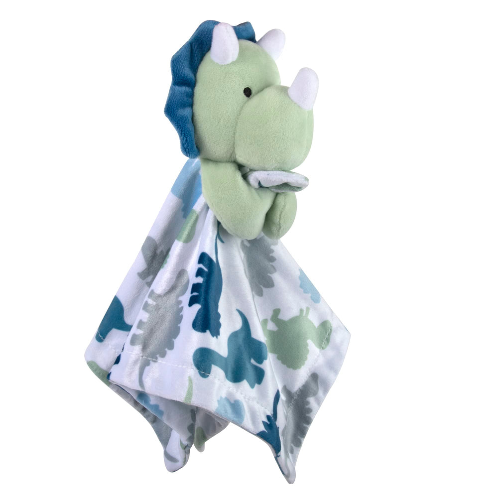 Baby Essentials Minky Animal Snuggler Dino in crib demonstrates secure comfort during nap time