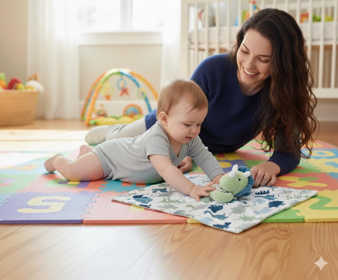 Baby Essentials Minky Animal Snuggler Puppy Pal cuddle close-up emphasizes comforting security