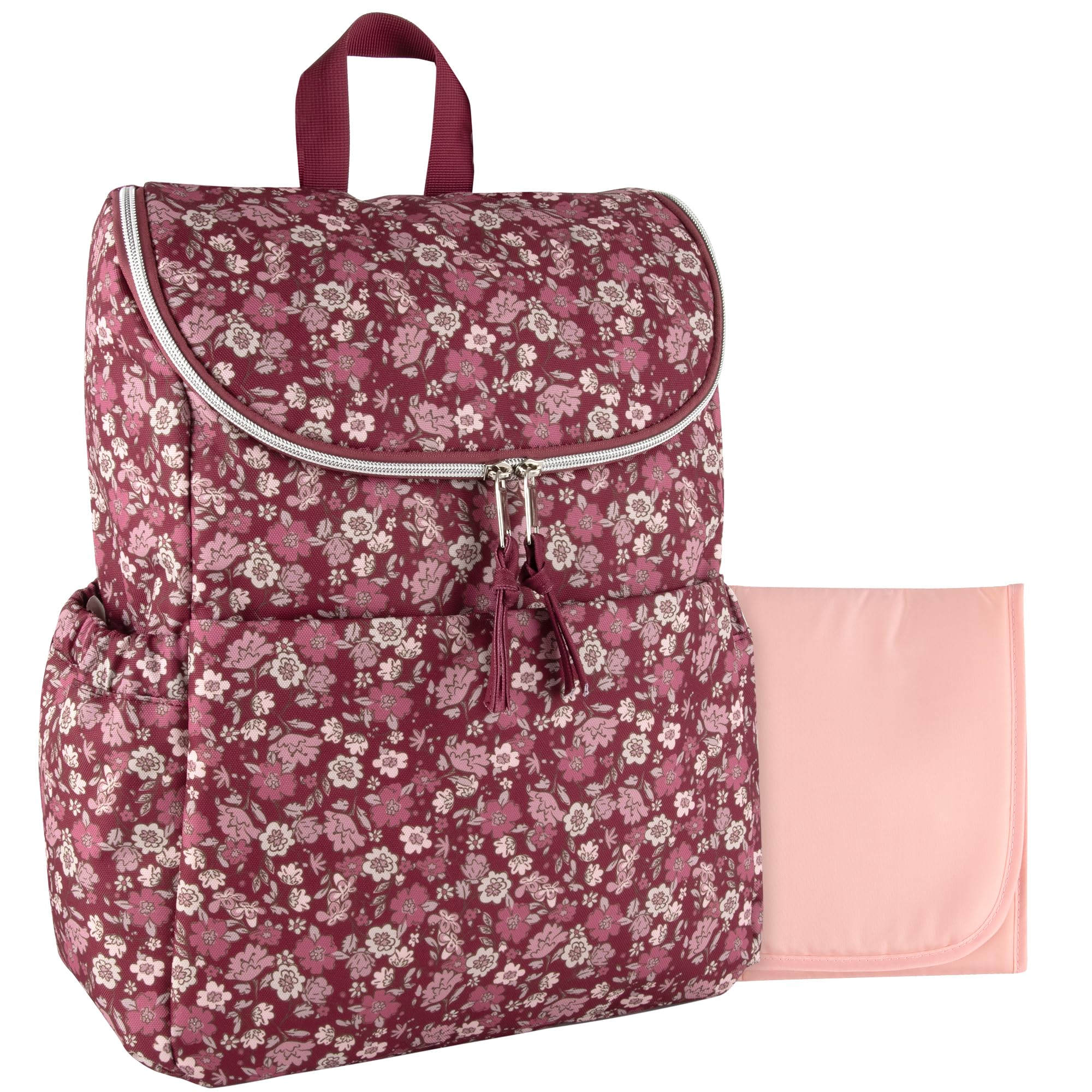 Baby Essentials multi-function floral backpack close-up highlights durable zippers for quick access.