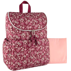 Baby Essentials multi-function floral backpack close-up highlights durable zippers for quick access.