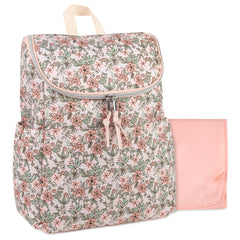Baby Essentials floral diaper backpack open showing 7 pockets for organized packing.