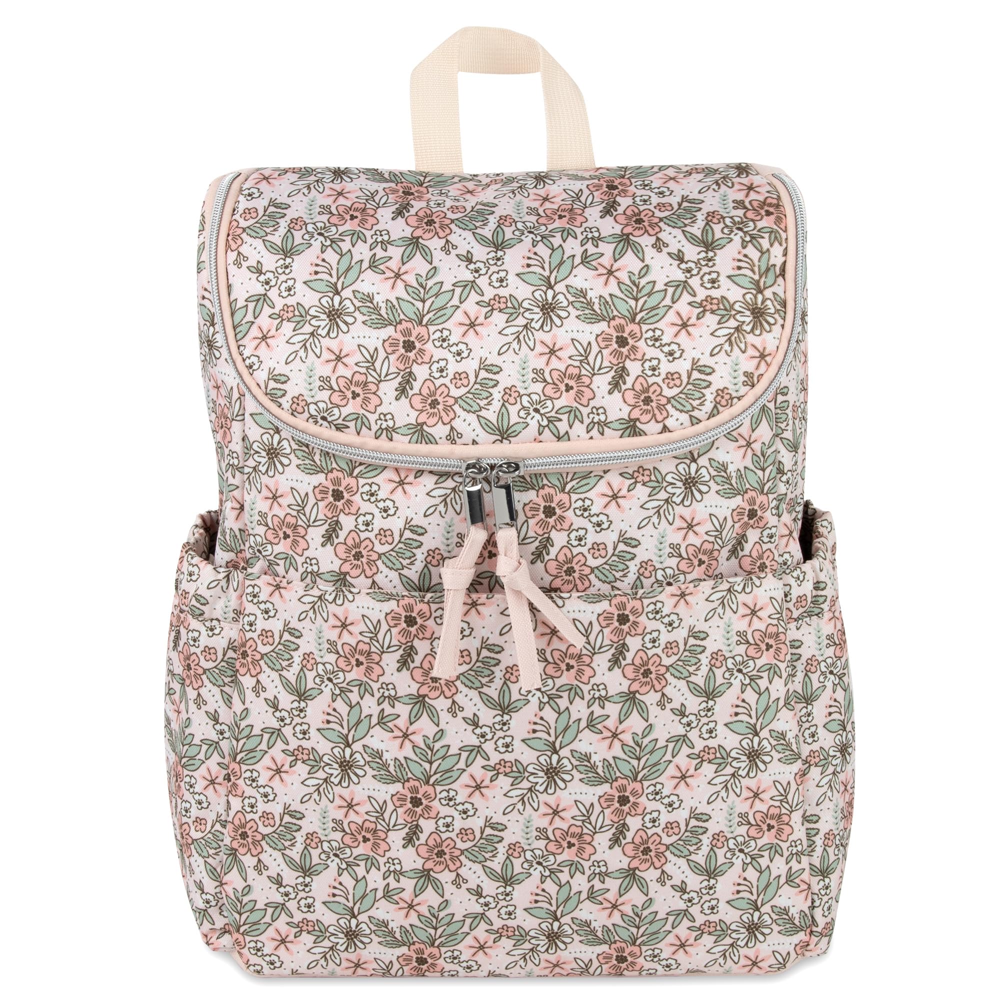 Baby Essentials multi-pocket diaper backpack neatly organized for bottles and wipes.